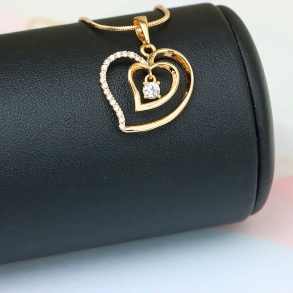 "Elegant Rose Gold Double Heart Pendant with Dangling CZ Stone, XPPT1378 - Picture 3 of 13